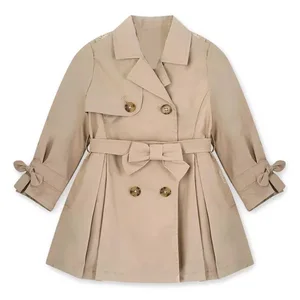 OEM High Quality Brown Button Girls Coat New Arrival Kids Trench Coat Casual Style Outerwear Custom Children's Wear Factory