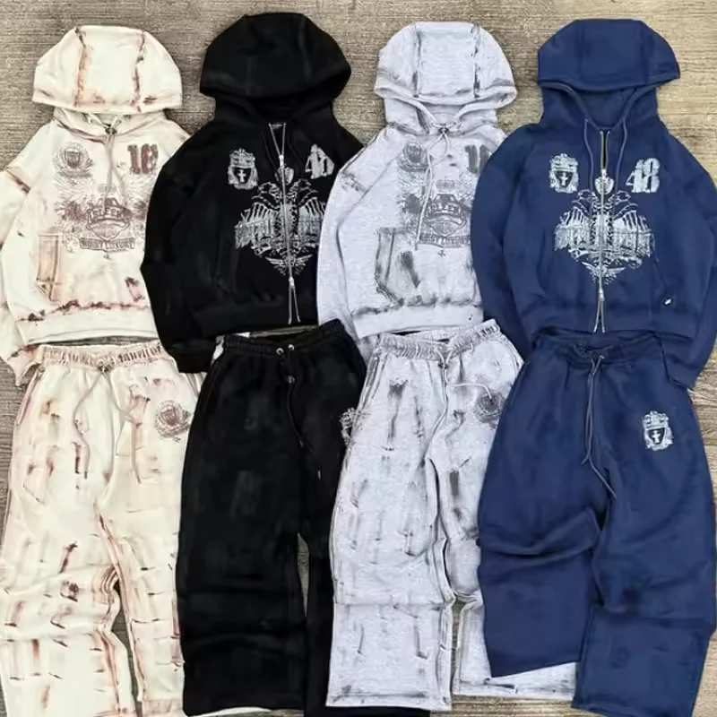Sun Fade Heavyweight Boxy Fit French Terry 450 Gsm Stacked Tracksuit Vintage Full Zip up Men Oversized Sweatpants and Hoodie Set