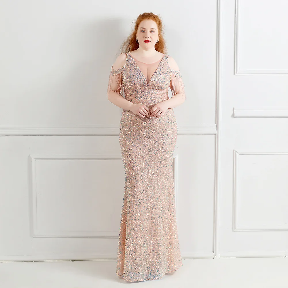 New Women Black Sequin Elegant V Neck Beading Party Maxi Dress Long Prom  Dress Plus Size Evening Dresses
