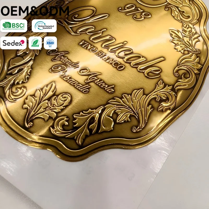Custom Embossed Gold Wine Labels - Luxury 3D Metal-Effect Wine Bottle Nameplates, BSCI Certified
