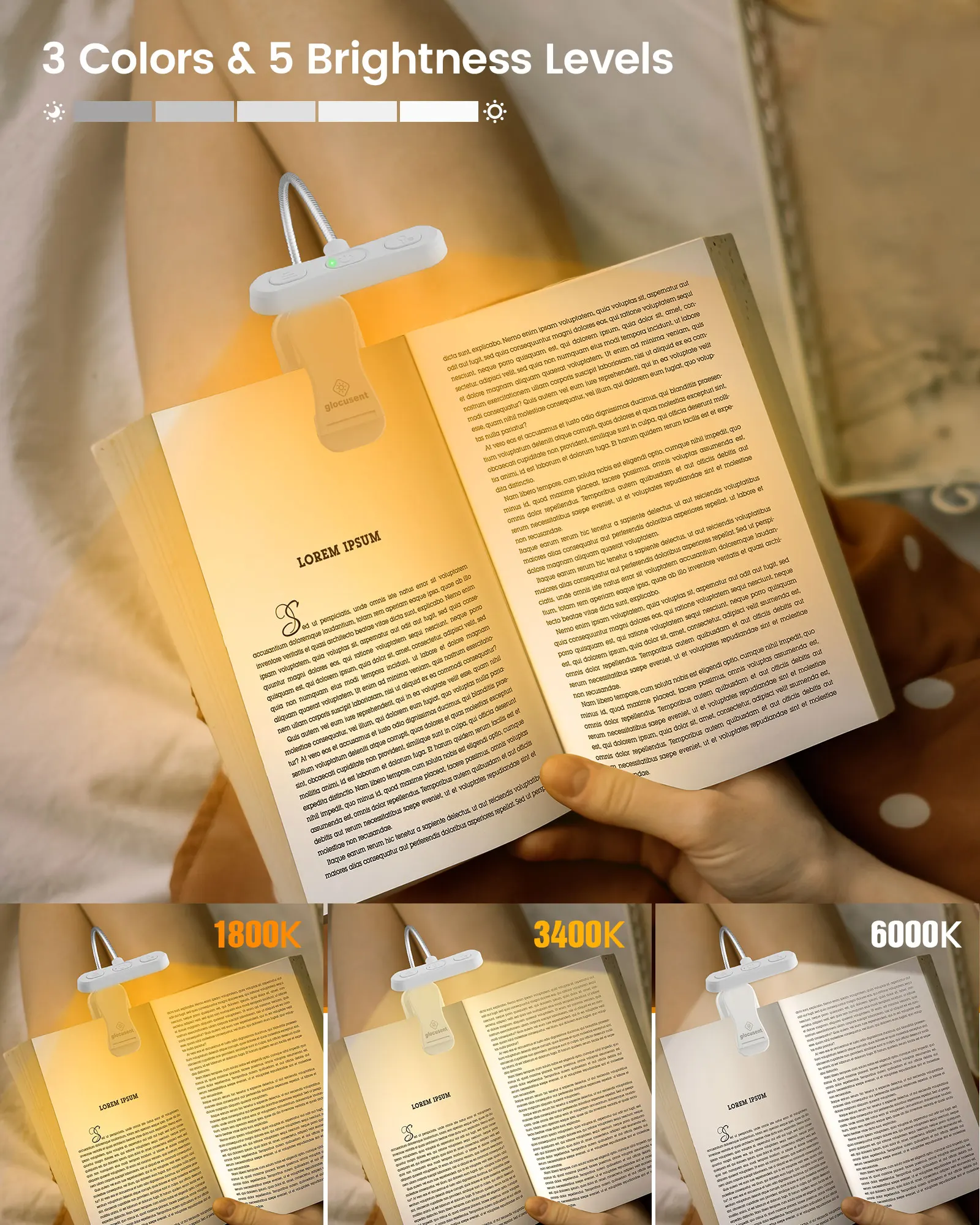 Glocusent Long Lasting Dimmable Eye Protection Usb Rechargeable Portable Clip on Book Reading Light