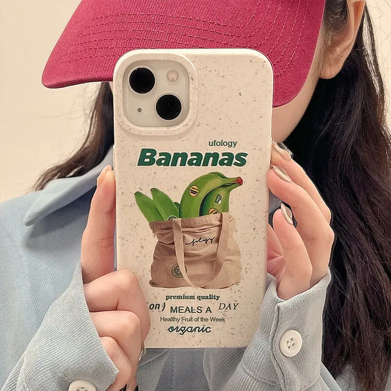 Funda de teléfono de cáscara de trigo biodegradable de silicona, divertida, de plátano y manzana, funda suave para iPhone 11 12 13 14 15 16 Pro Max Plus  