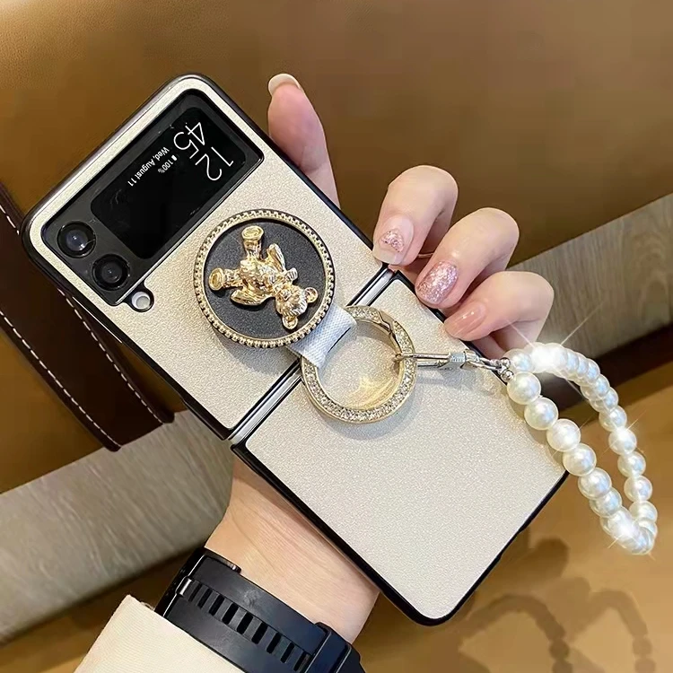 Lady Chic 3D Camellia Bracket Phone Case For Samsung Galaxy Z Flip 4 3 5G  Portable Pearl Bracelet Cross Pattern PU Leather Cover