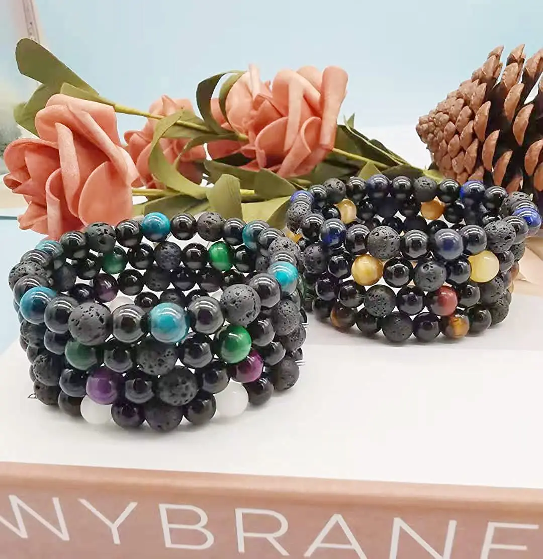 Bracciale In Pietra Lavica Nera Con Corona Di Perle Di Occhio Di - Foto 7