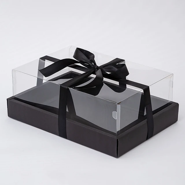 Customized Transparent PET Wedding Cake Box with Ribbon Aesthetic Appearance with Glossy Lamination for Food Sushi Gifts
