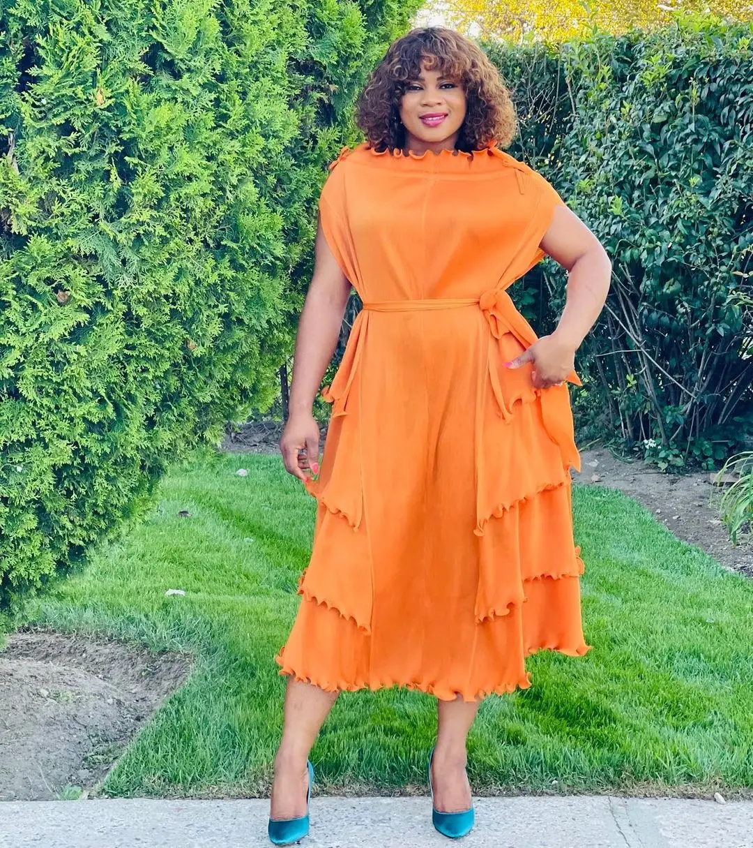 Elegant African Ladies Long Casual Dress Pleated Ruffled Commuter Miyaki  Party Wear Floor-Length Natural Summer Plus Size Women