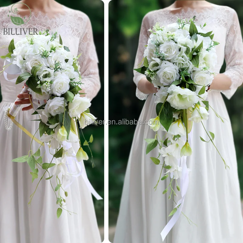 ISAKEN Bouquet da Sposa a Cascata Bouquet di Fiori di Seta Artificiale Bouque a Cascata Bouquet da Sposa Romantico Bouquet da Sposa Fiori di Rosa per Anniversario di Matrimonio