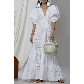White Summer Vintage Dress Midi Button V Neck Maxi Korean Elegant Puff Sleeve Dresses Women Casual Long Summer Dresses