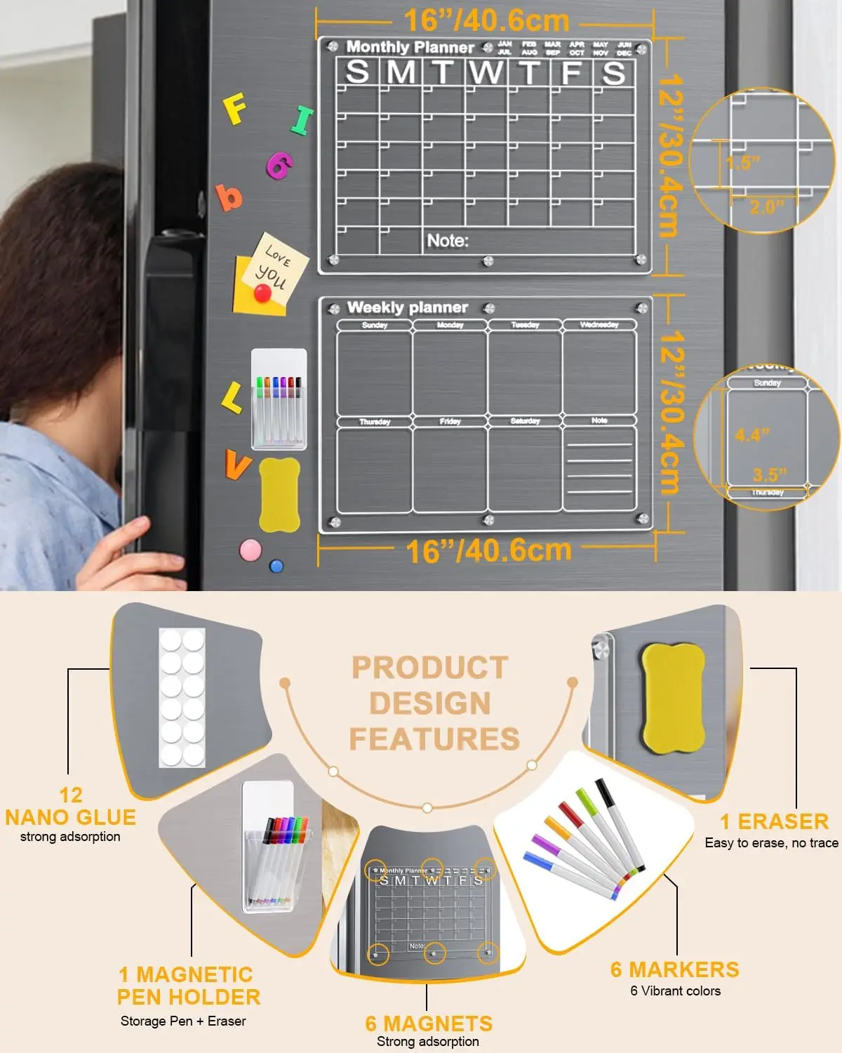 Magnetic Acrylic Reusable Monthly & Weekly Planner Dry Erase Board Calendar for Fridge