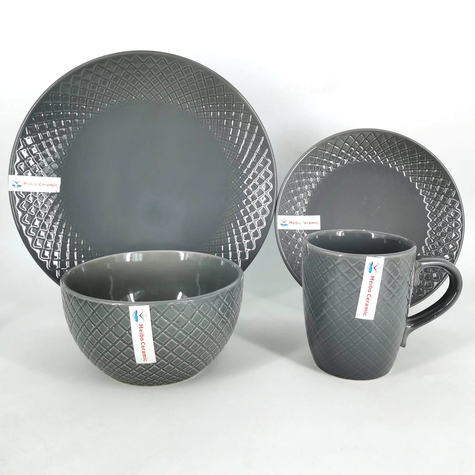 16pcs Solid Color Glaze Stoneware Embossed Ceramic Dinnerware Sets