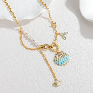 Ocean Series Shell Pendant Long Necklace for Women 18K Gold Plated Stainless Steel Ins Tarnish Proof Light Luxury Beach Jewelry