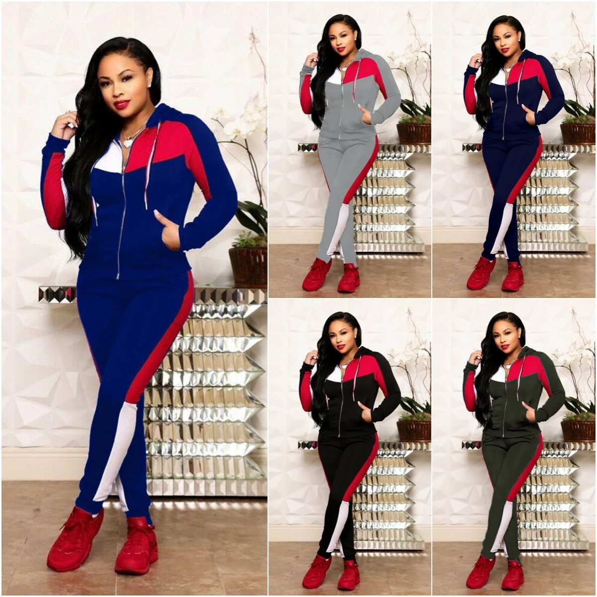 Contrasting Color Women Casual Tracksuit Long Sleeve Zipper Hoodie Coat + Pencil Pants Autumn Spring Lady Fashion Two Piece Set