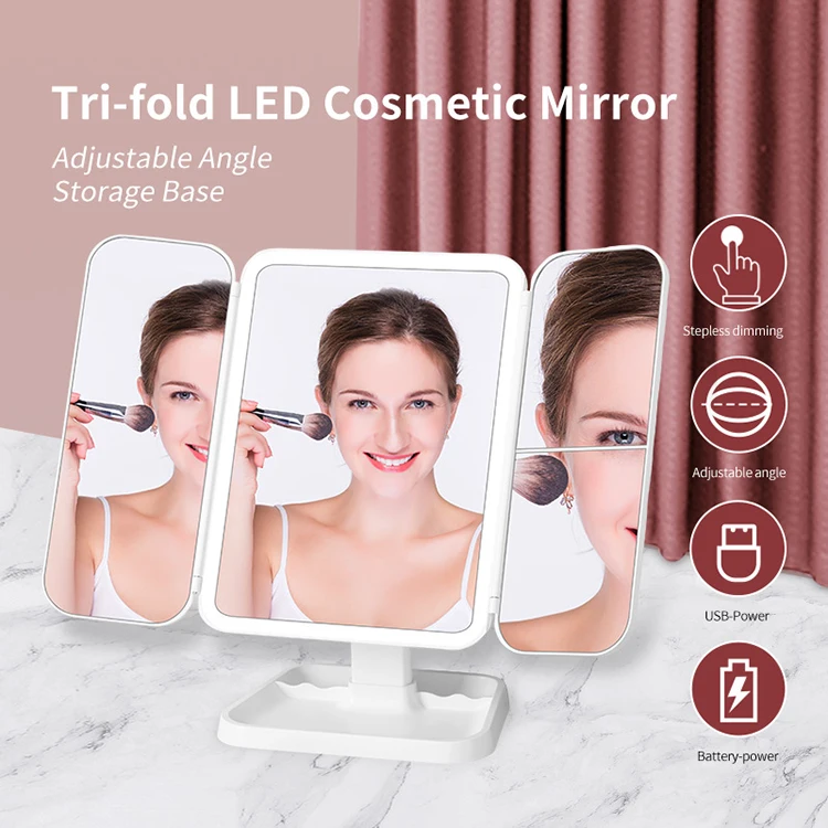 Factory Customized High Quality Tabletop 360 Trifold Cosmetic Standing Mirror 3 Sided Three Way Led Vanity Mirror with Lamp