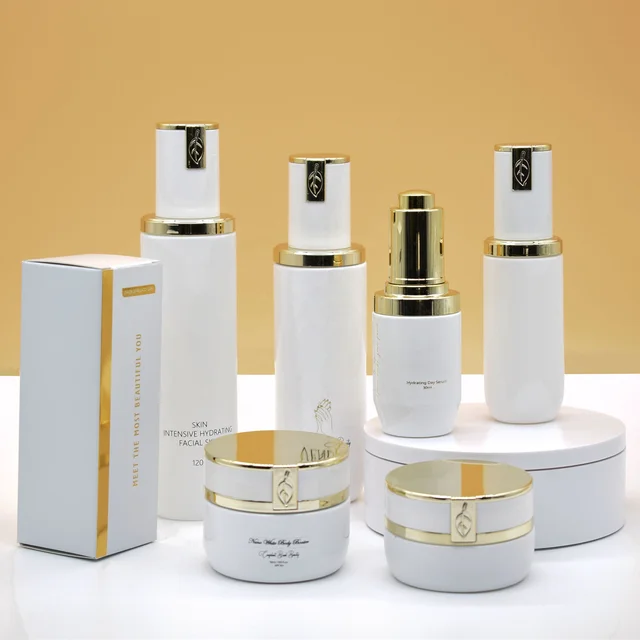 Luxury White Cosmetics Packaging Sets Empty Glass Cream Jar and Pump Spray Bottle Skin Care Set Face Cream Lotion Bottle