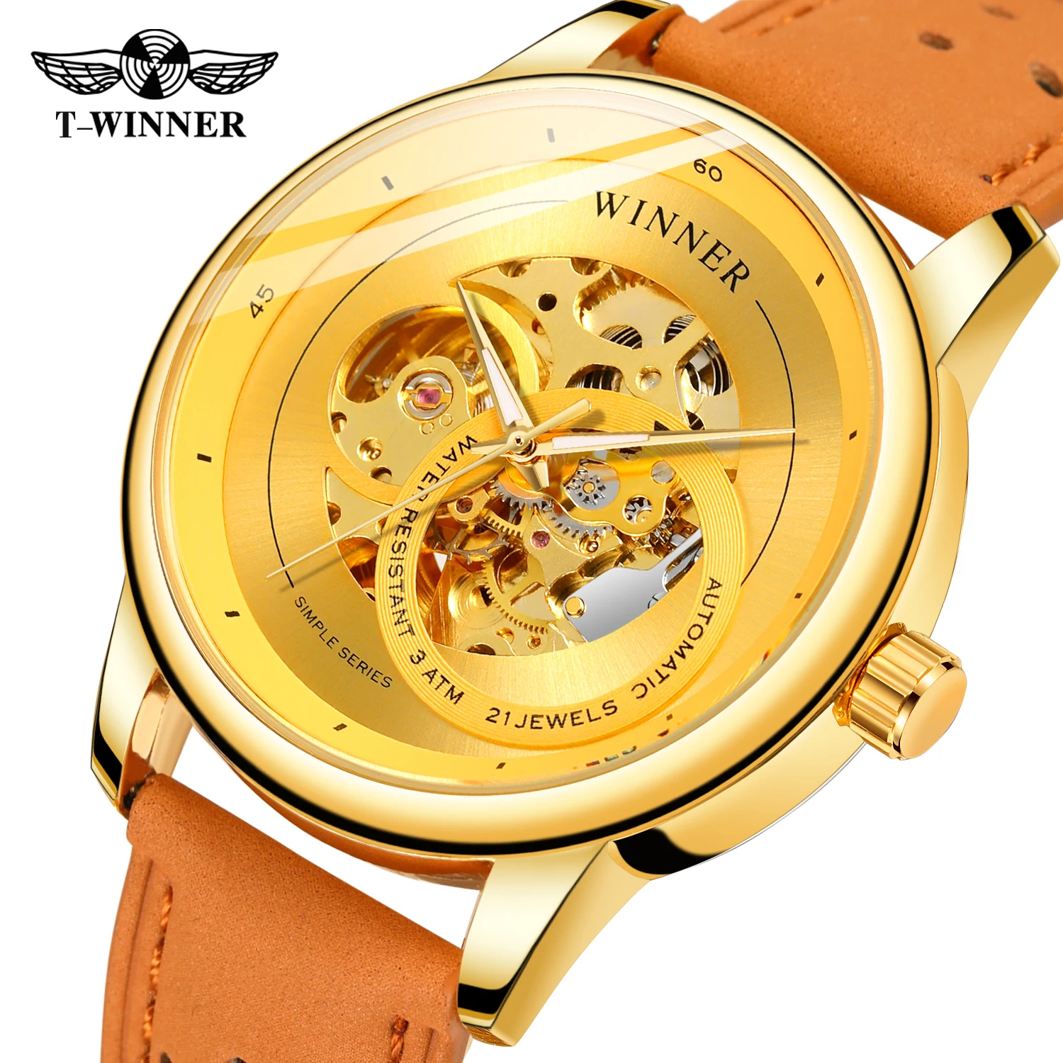T-WINNER Gold Skeleton Men's Automatic Sport Watch