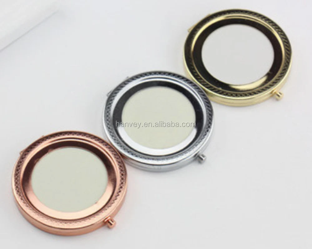 Wholesale promotion gift custom pattern round pocket fold cosmetic rose gold stainless steel metal makeup mirror