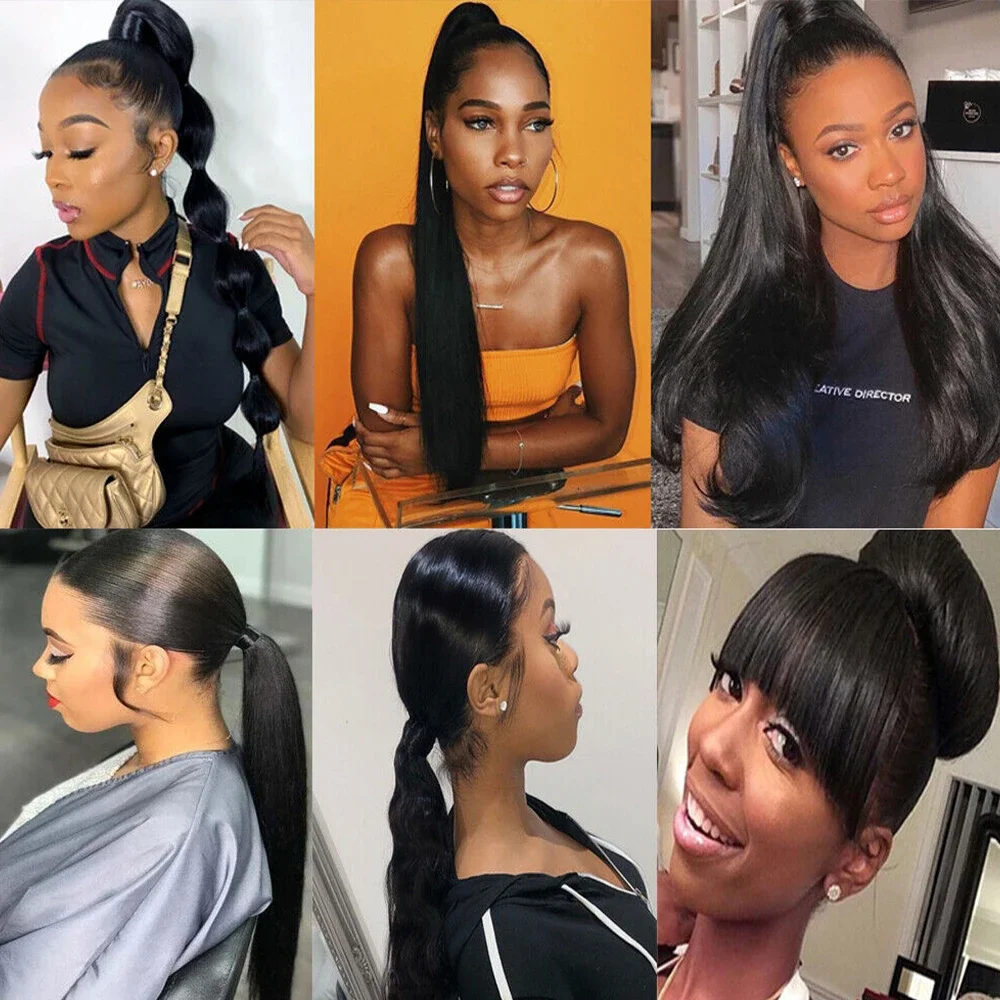 Human Hair Ponytail Extension Long Straight Drawstring Hair Piece_voghion.com
