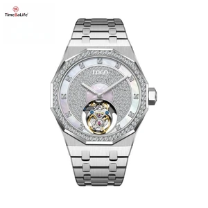 Custom Luxury Crystal and Mother of Pearl Dial Crystal Bezel Luxury Full Diamond Business Men's Watch Tourbillon Movement