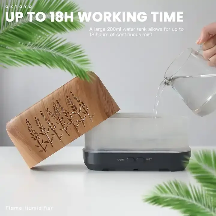 Factory Wholesale Simulated Flame Humidifier Wooden Hollow Volcano Perfume Machine Desk Silent Flame Fumigation Lamp