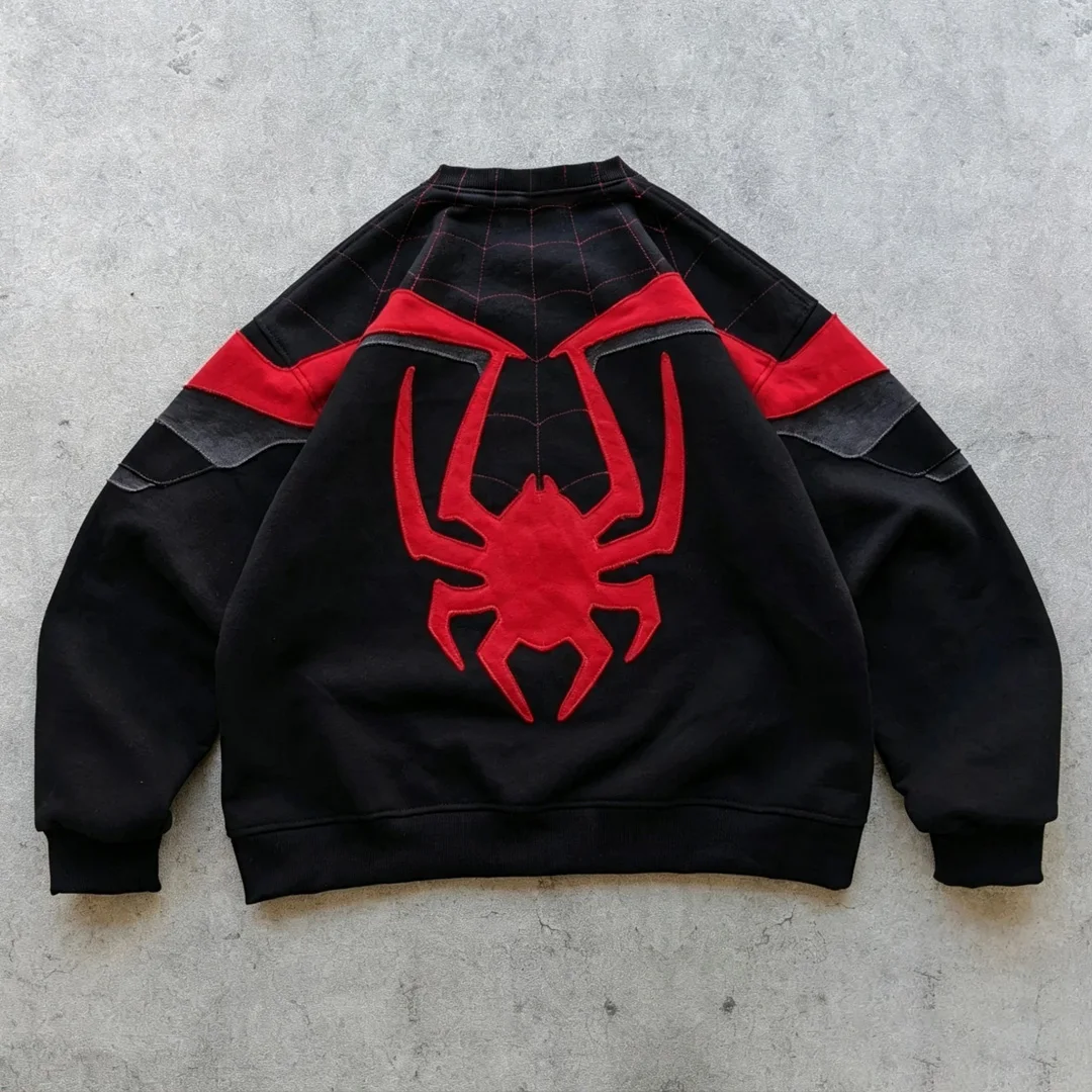 Aangepaste Straatklere vir Mans: Geknipde Crewnek-sweater met Lappiesborduurwerk, Kleurblok, Roope Rand, Verskeie Stowwe en Lappieswerk op die Skouers, Oormaat