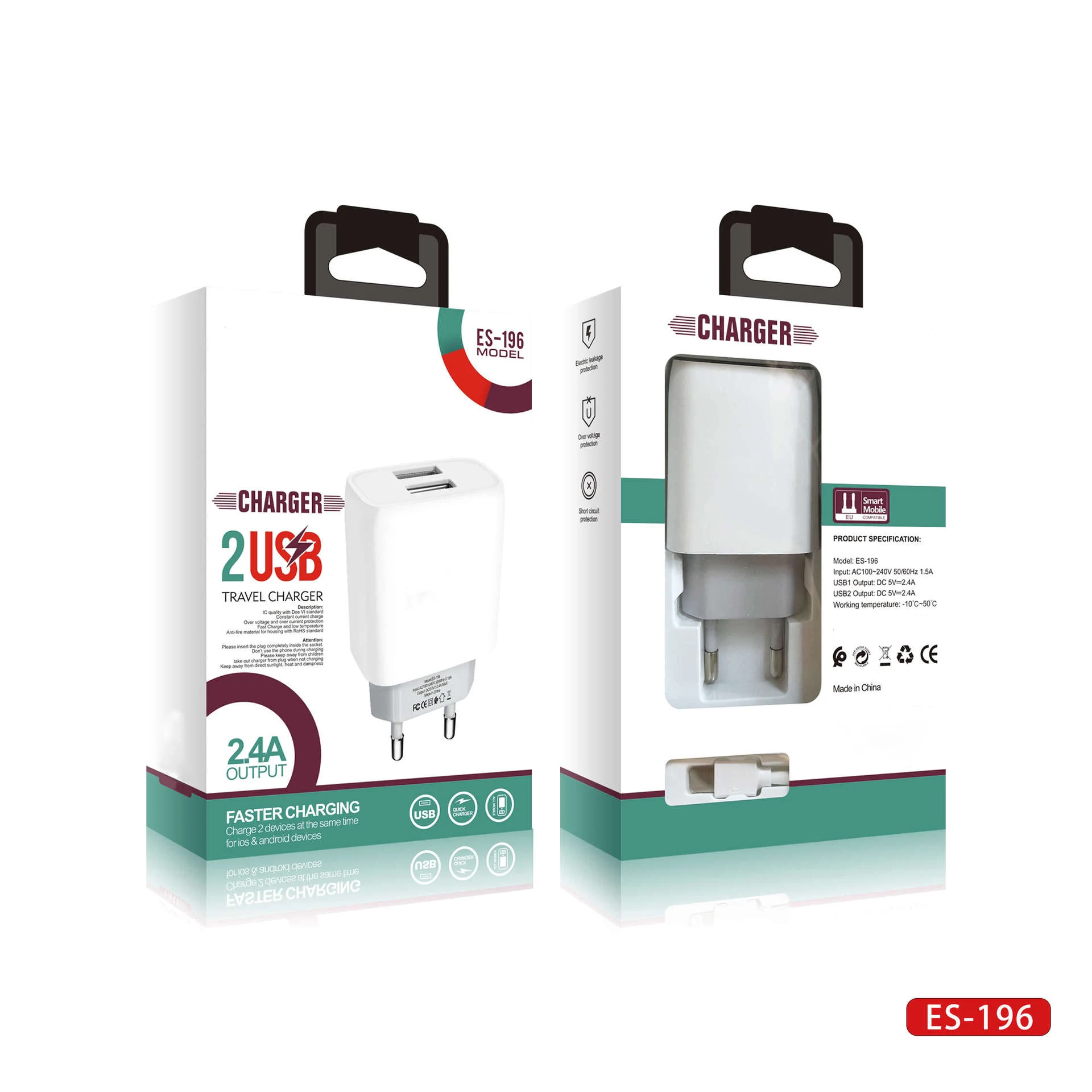 5V 2.4A Dual port USB phone charging plug European standard phone fast charging power adapter mobile phone accessories