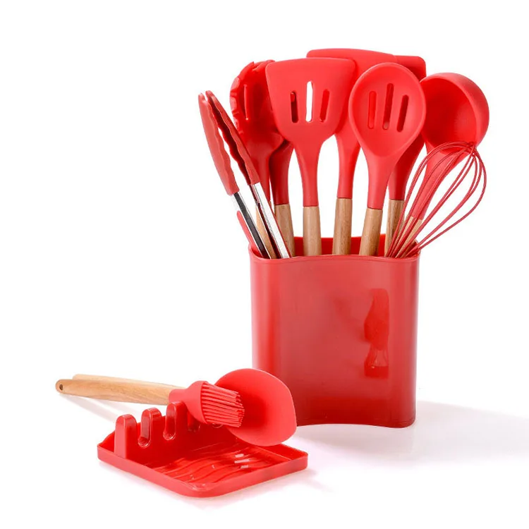 Popular Design Nonstick Rainbow Kitchen Wood Accessories Holders 12 Pcs Silicone Cooking Kitchen Utensils Set for Countertop