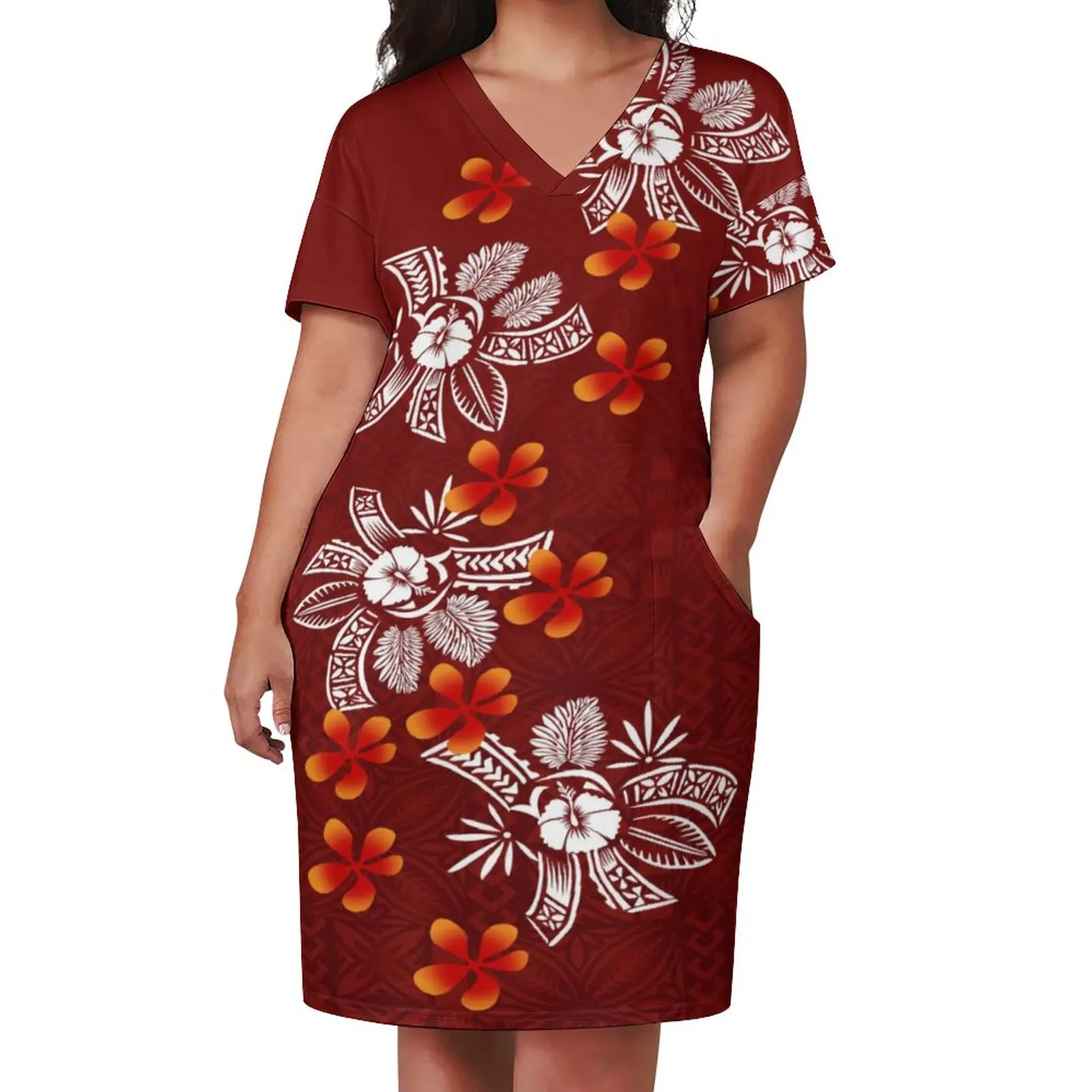 Drop Shipping Cheap Women Loose Dresses Polynesian Tribal Design Red Dress  Samoan Puletasi Island Dress