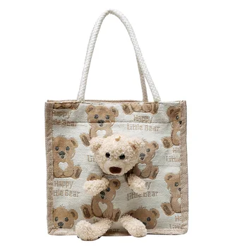 Lovely Bear Canvas Lunch Box Bag for School Kids Food Delivery Bag for Girl