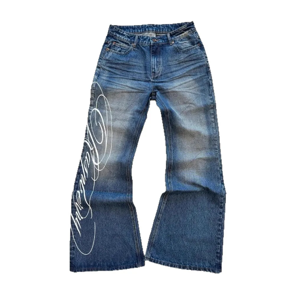 Fashion High Street Retro Harajuku Blue Printed Denim Mid Waist Y2K Straight-leg Jeans