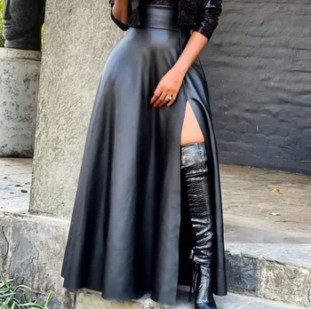 O6075-new arrivals 2022 fashion irregular high slit black leather dress leather skirt for women