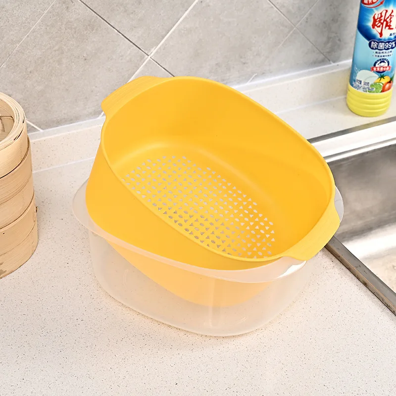 PET double drain basket creative color contrast plastic washing basket fruit basin household kitchen for fruit and vegetable details