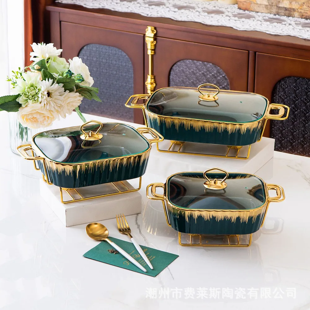 Factory Custom 11/13/15 Inch Gold Oval Shape Casserole Marble Ceramic Buffet Soup Pot With Iron Stand With Glass Lid