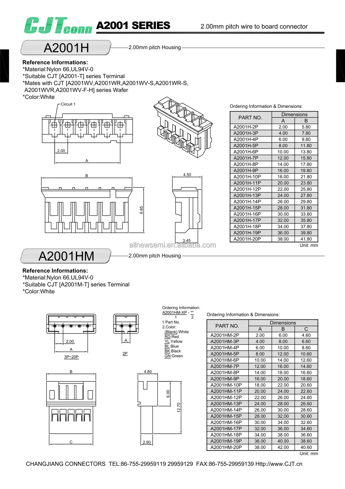 Hot sale Original A2001AWV-2P Rectangular Connectors Through Holes Single Row 2 Pins 2.00mm Pitch Header Vertical 2 Positions