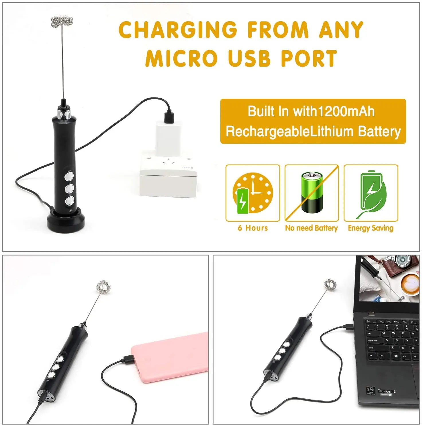 Professional Milk Frother 3 Speed Level Usb Recharging Milk Frother ...