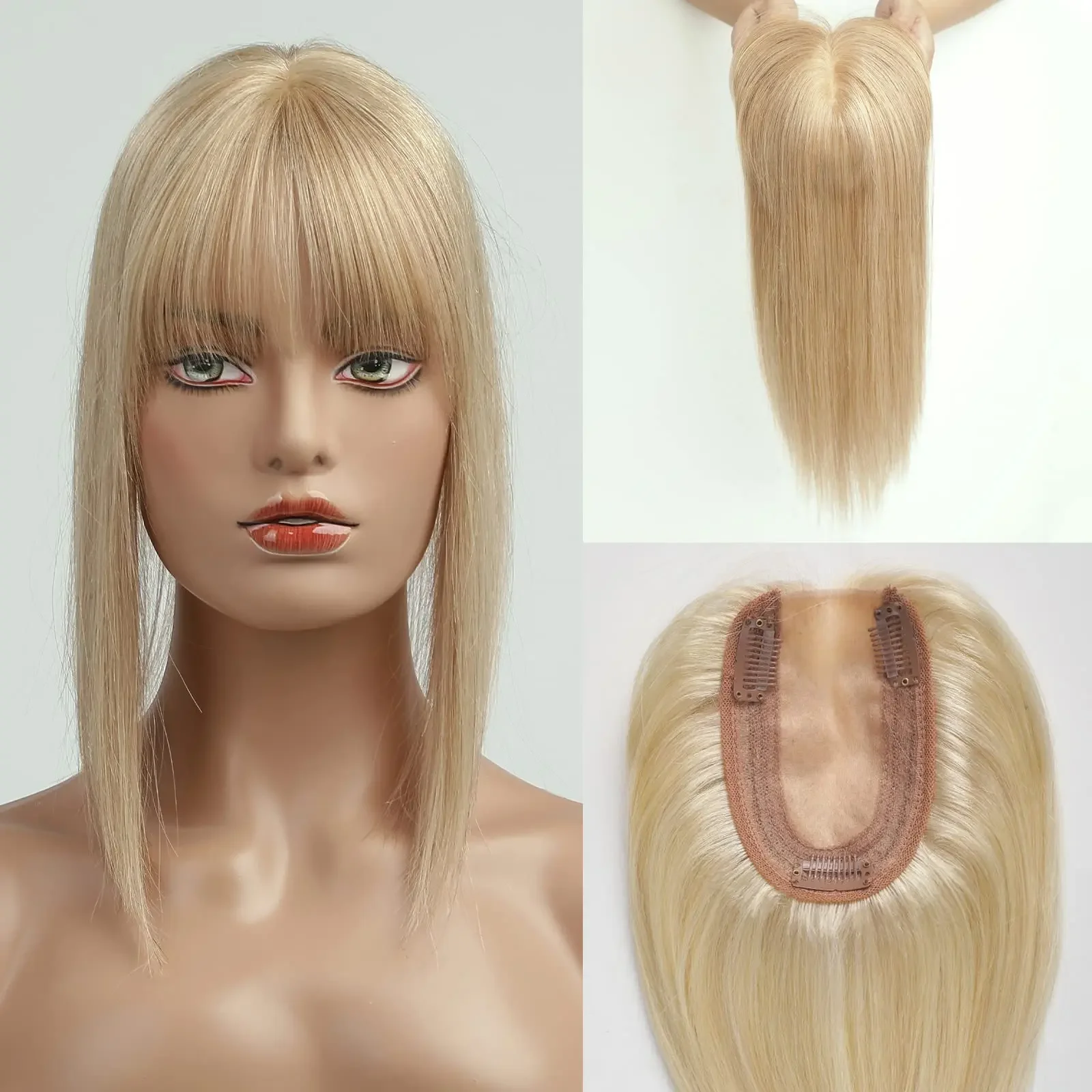 100 % remy-hårtoppere med pannelugg, honningblondt hår, silkebase, klips i topper, topphår for kvinner med tynt hår_voghion.com