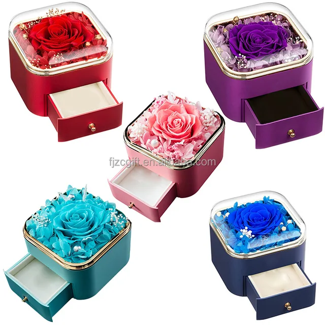 Whosale New Design Forever Eternal Rose Acrylic Jewelry Box Dome Cover Present Red Preserved Roses Jewelry Box With Drawers