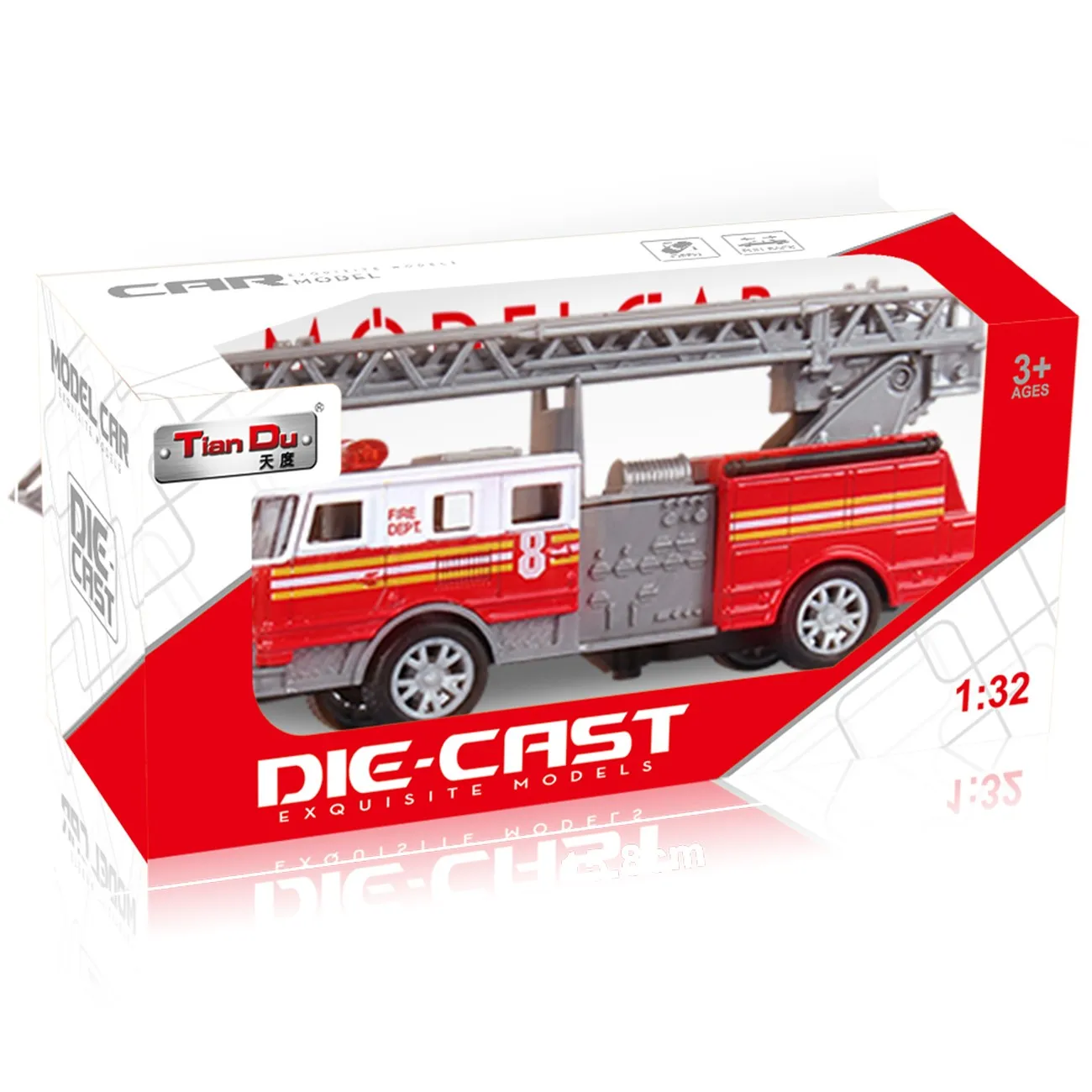 Tiandu Fire Engine Model 1/32 Red Car for Boys and Girls Pull Back Alloy Car Toys