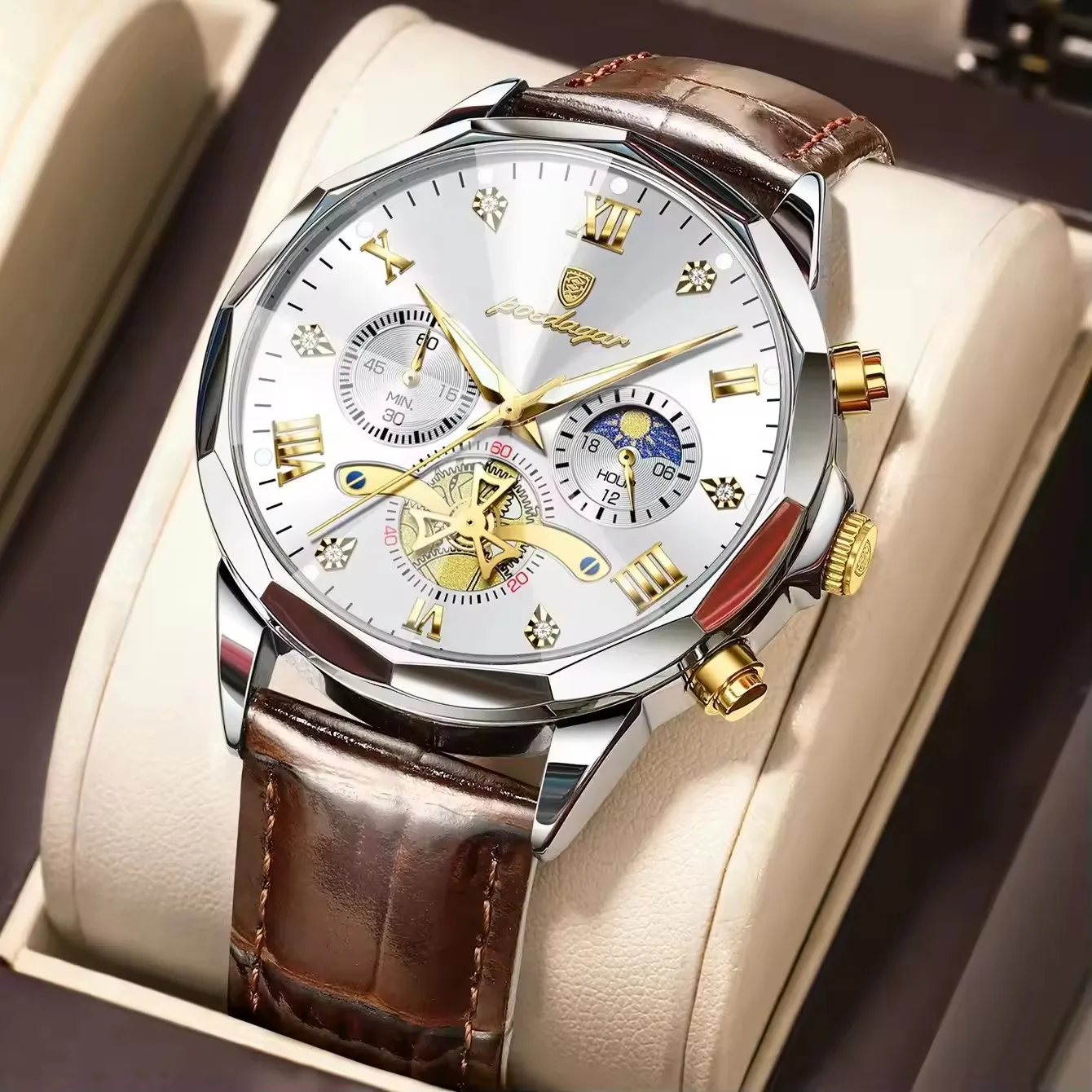 Poedagar 938 Wholesale Leather Strap Watch for Men Quartz Movement Waterproof Luminous C aperçu 16