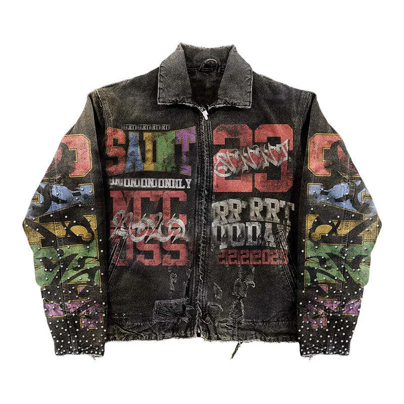 SALATI Factory Direct Jacket Manufacturer 2025 Men's Vintage Distressed Rhinestone Denim Jacket,Denim with Custom Distress Wash
