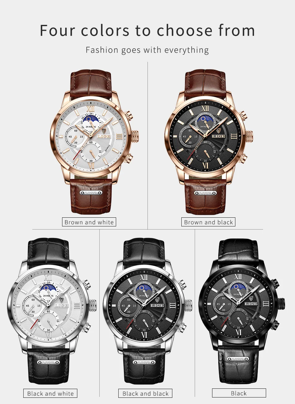 Lige 8932 New Luminous Male Quartz Wristwatch Waterproof Leather