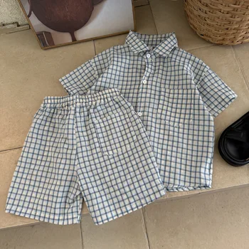 2025 Summer Collection New Loose Korean Style Plaid Cotton Two-Piece Set for Boys Boys' Casual Short Sleeve Casual Baby Outfit