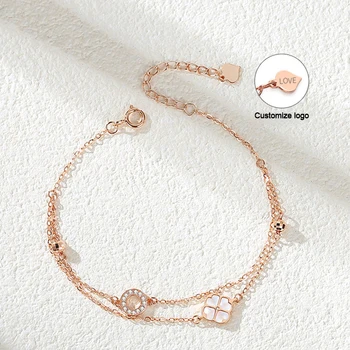 Wholesale Rose Gold Plated Fine 925 Sterling Silver Mother of Pearl Four-leaf Clover S925 Double Layer Multiple Women Bracelet
