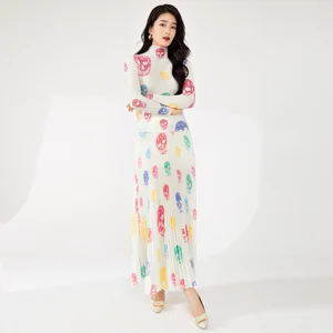 Miyake Women's Casual Summer Dress Elegant A-Line Skirt and Stretch Printed Long-Sleeved Top Two-Piece Set Made of Polyester