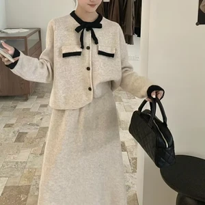 Fashion Knit Set Long Sleeve Cardigan and Skirt Suit Female Two Piece Set Women Sweater Knitted Skirt Set