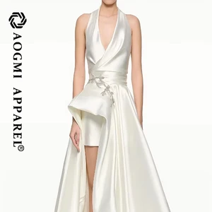 Haute Couture Luxury Fashion Ladies Elegant Sexy Asymmetrical Ruffled A-Line Satin Eco-Friendly Knee-Length Trailing Dress