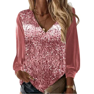 Women's New Stand Collar Regular Fit Gold Velvet Sequin Embroidery Solid Casual Autumn Party Shirt Long Sleeves