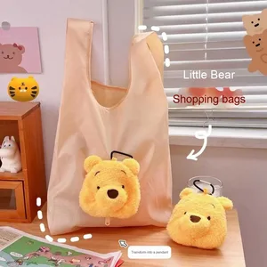 Large Capacity Cute Bear Portable Grocery Shopping Tote Bag with Hook Foldable Supermarket Accessory Durable Food Storage Bag