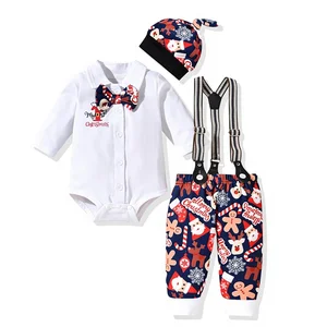 Newborn Baby Boy Gentleman Suit Outfits Long Sleeve Shirt Suspender Pants Bowtie with Hat