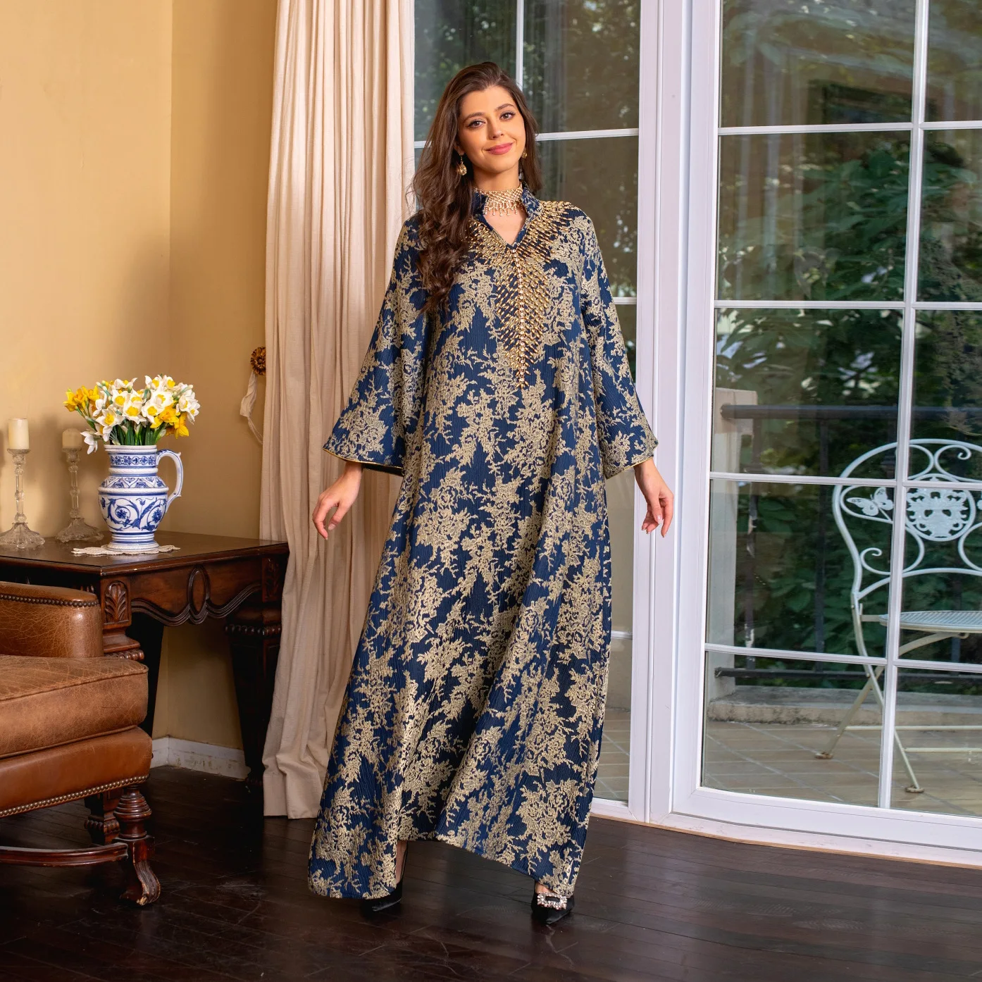New Eid Muslim Dress for Women Beading Stand Collar Jalabiya Party Dress Arab Long Robe Morocco Kaftan Embroidery Luxury Thawb