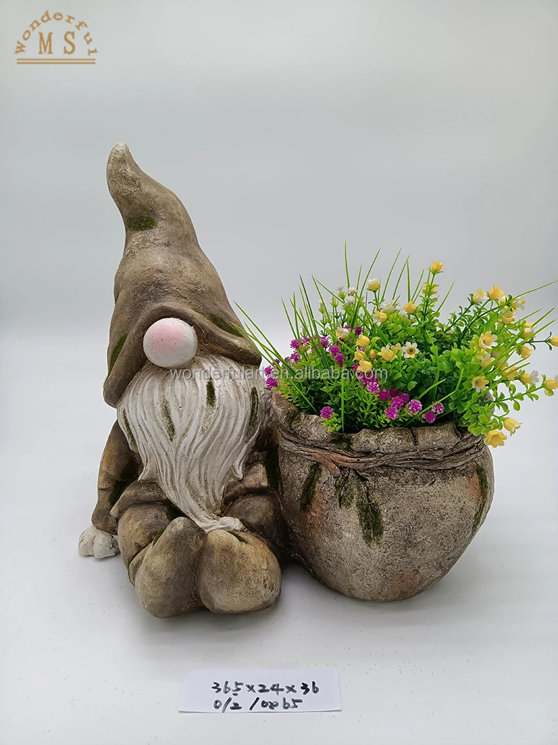 Polistone Elf Figurine with Flower Pot Spring Drawf Planter Pot No Face Elves Statue for Home Outdoor Garden Decoration